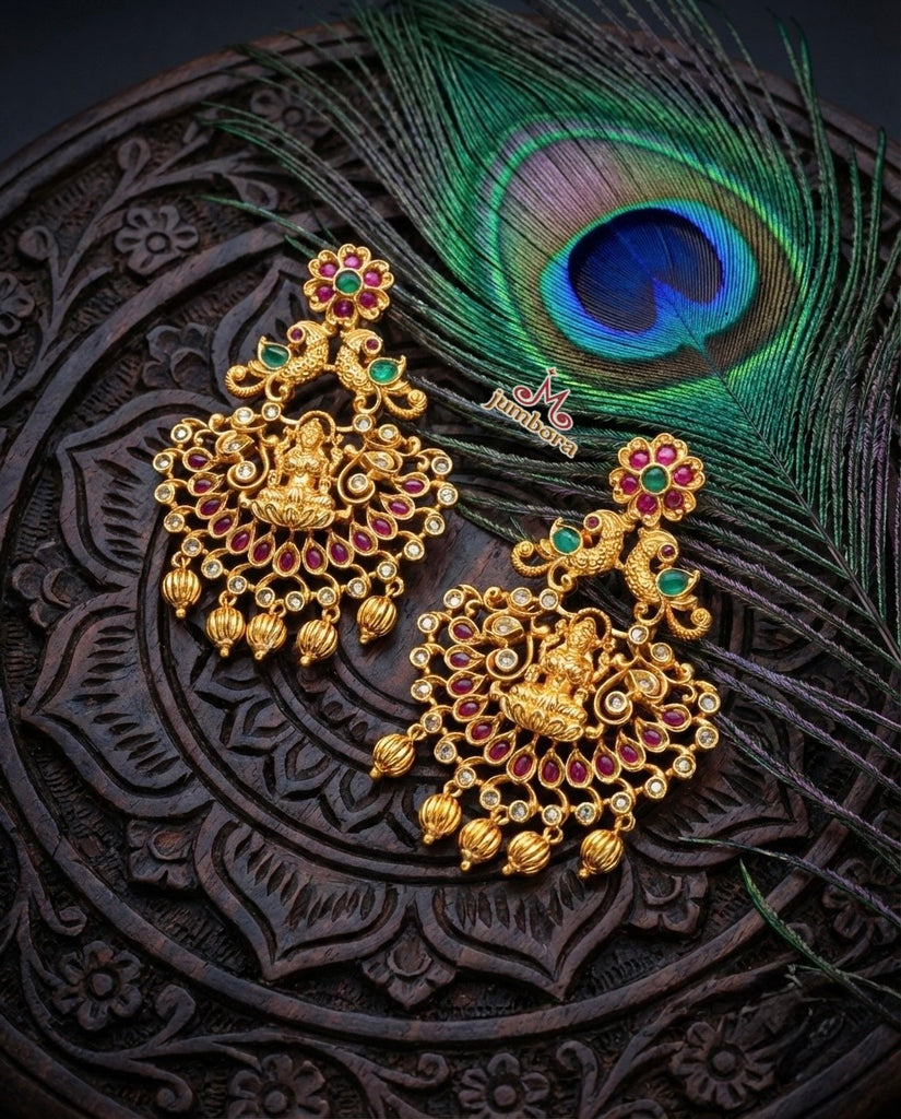 Antique Gold Lakshmi Temple Jewelry Earrings with Kemp (Kempu) Stones