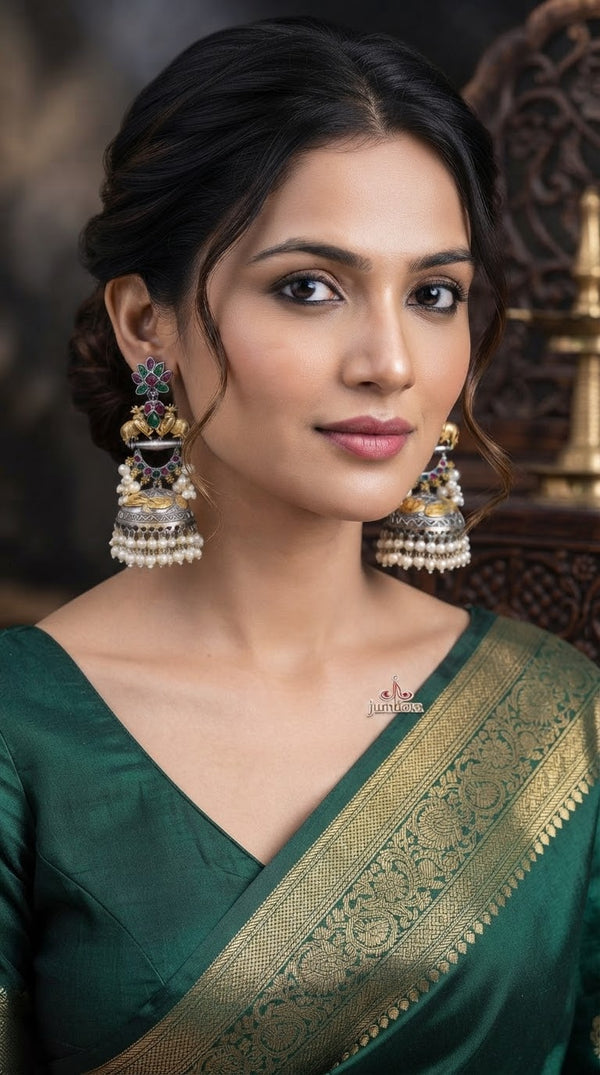 Dual Tone Pichwai Cow Motif SLA Oxidized German Silver Statement Jhumka Earrings