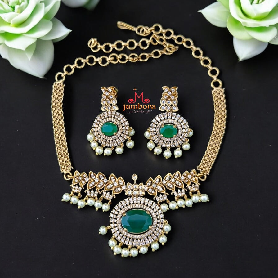 Green & White AD CZ Antique Gold Finish Necklace set