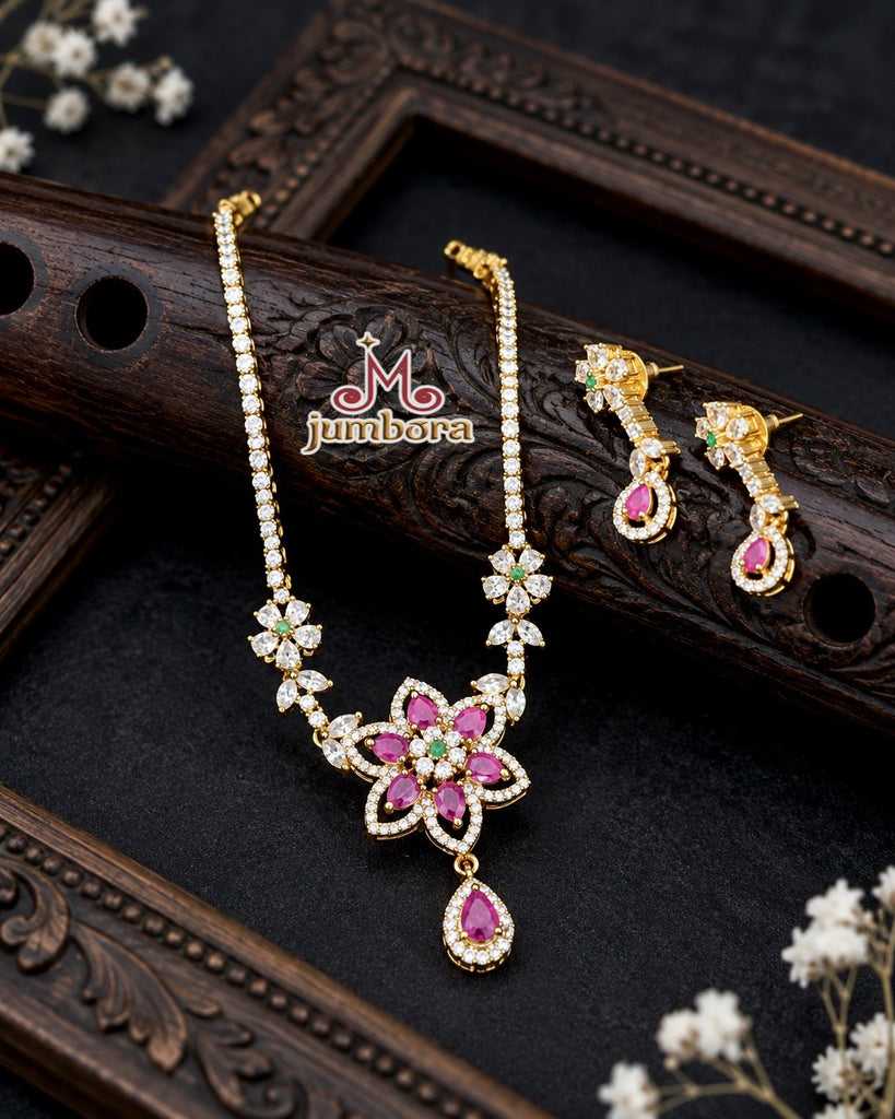Pink and White Floral Antique Gold CZ (Zircon) American Diamond (AD) Delicate Necklace Set