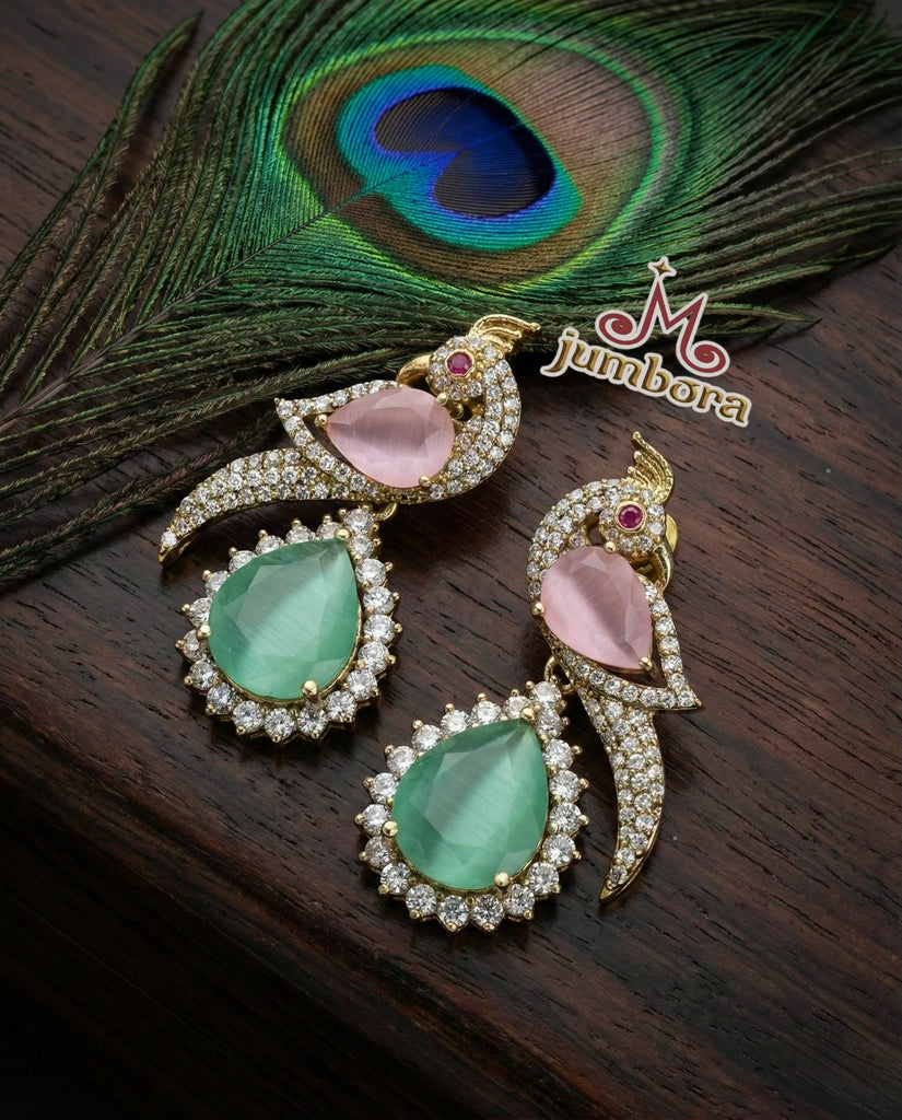 Elegant Victorian Peacock CZ Earrings with White, Mint Green & Baby Pink Stones