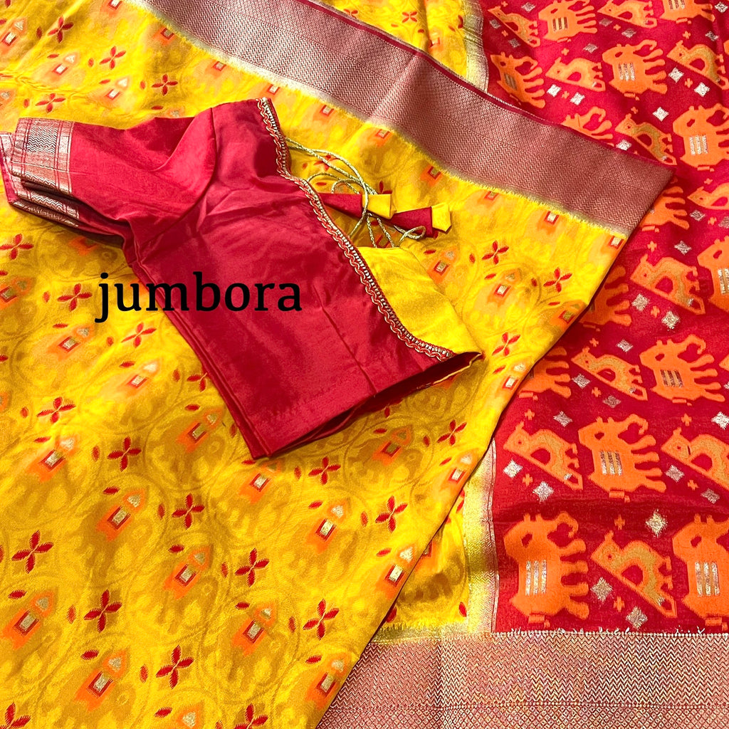 Mustard Yellow and Red Banarasi Patola Silk Saree with Stitched Blouse