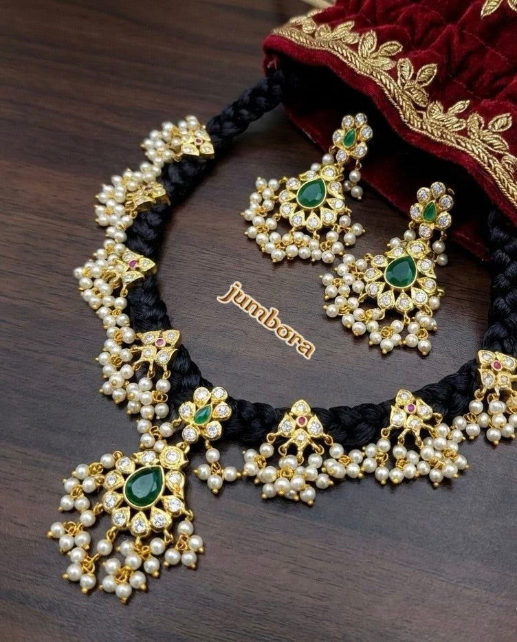Black Dori Green & White CZ (Zircon) American Diamond (AD) Guttapusalu Necklace Set