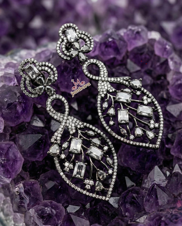 Black Victorian Finish White CZ AD Leaf Statement Earrings