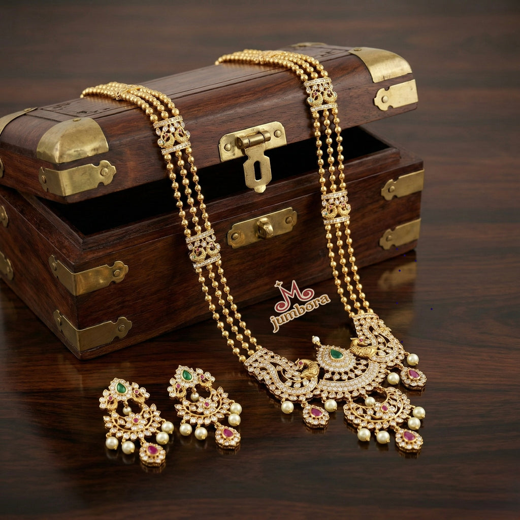 Triple Line Antique Matte Gold Long Peacock Necklace Set