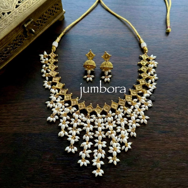 Gold Finish Cascade Rice Pearl Guttapusalu Necklace set