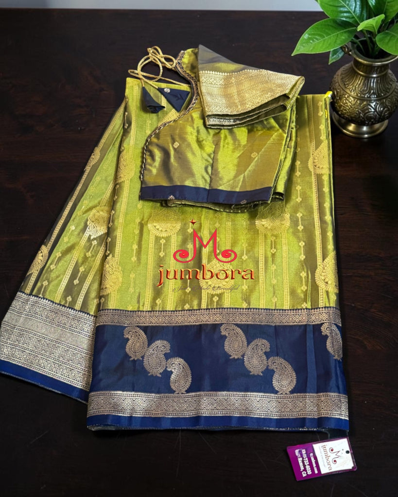 Olive Green Semi Kanchipuram Soft Silk Saree with Navy Blue Zari Border and Stitched Blouse