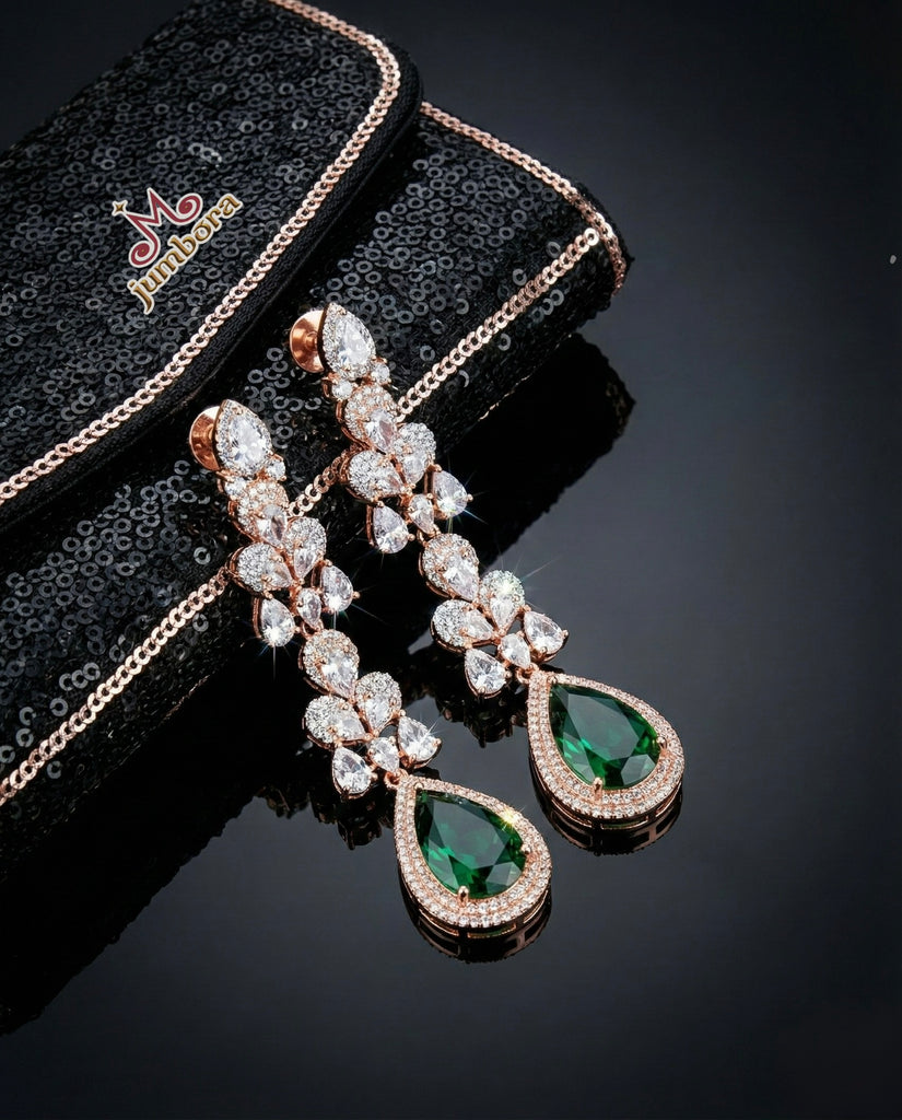 Partywear Rose Gold Statement Earrings with Green & White CZ Stones