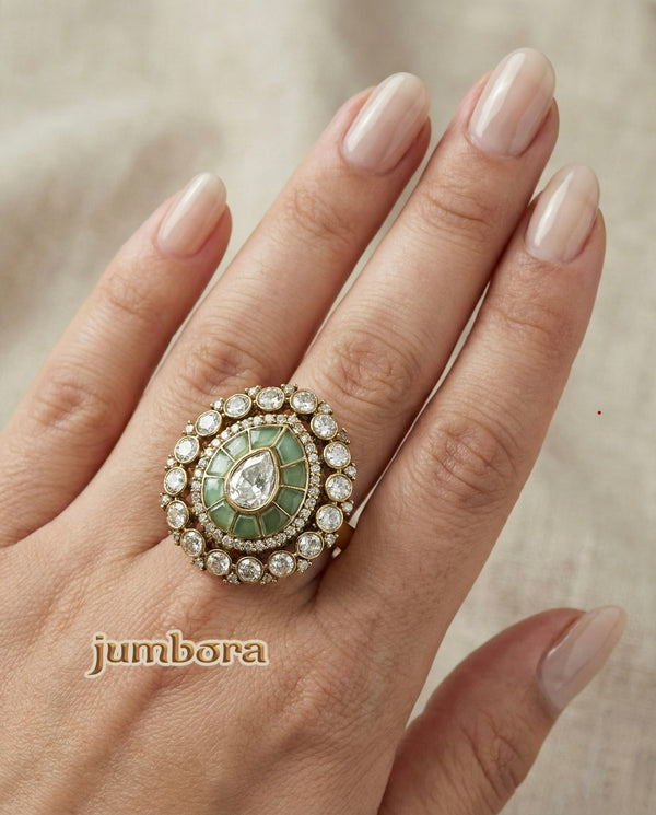 Victorian Finish Mint Green Kundan & White CZ Statement Ring