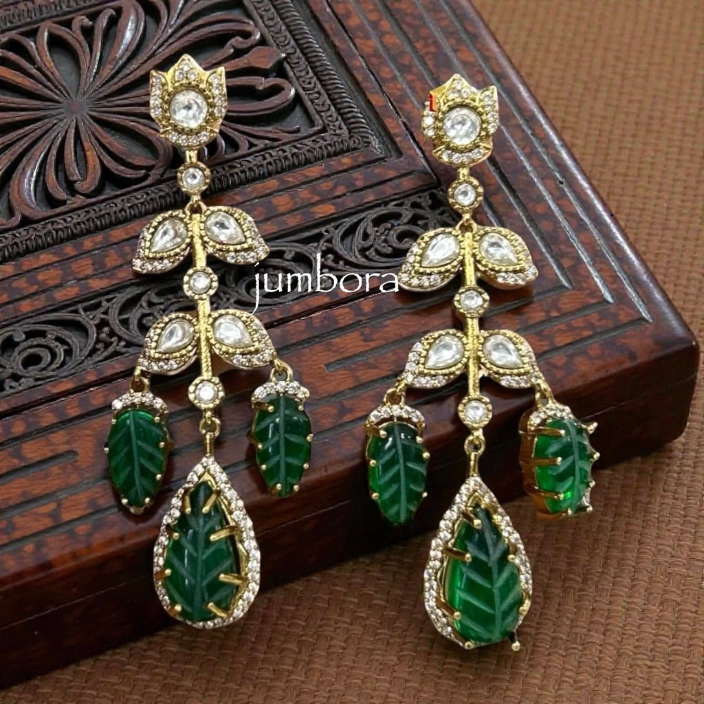 Carved Green Bead & White AD Zircon CZ Long Victorian Earring