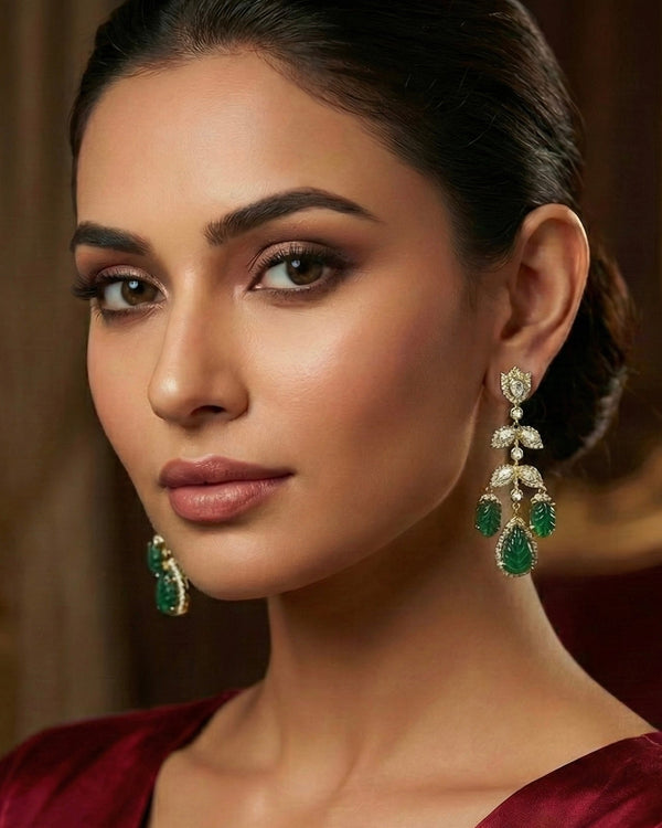 Carved Green Stone & White AD Zircon CZ Long Victorian Earring On model for sizing and styling 