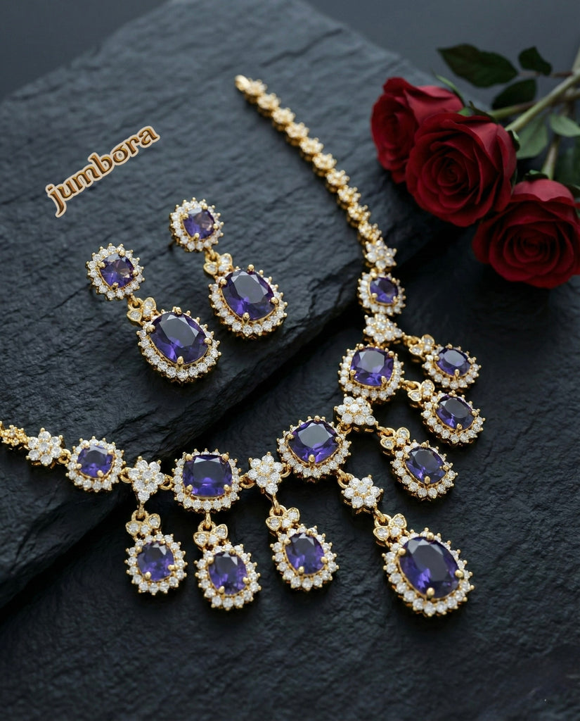 Contemporary Deep Violet & White CZ (Zircon) Delicate Necklace Set