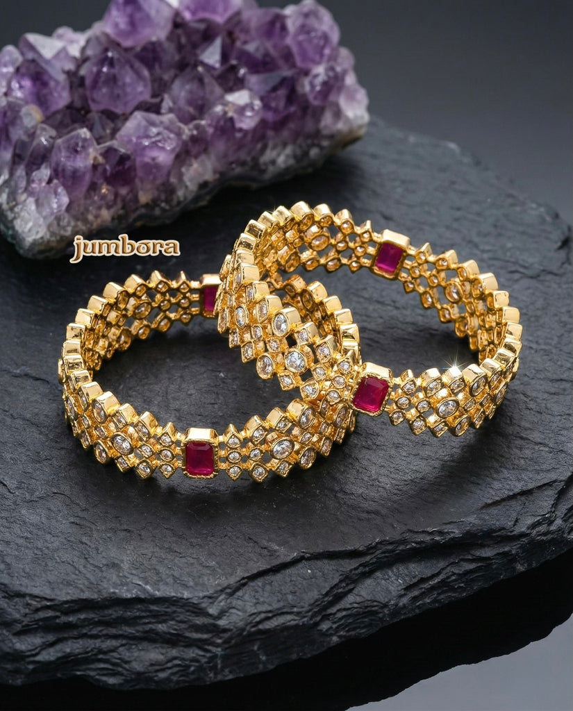 Gold Finish White & Ruby Red CZ Stone Designer Bangles (Pair)