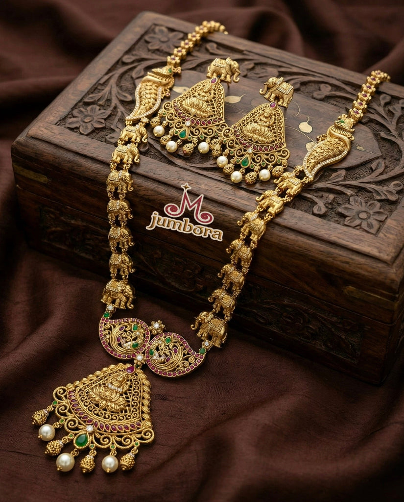 Antique Gold Lakshmi & Elephant Long Necklace Set in Temple Jewelry