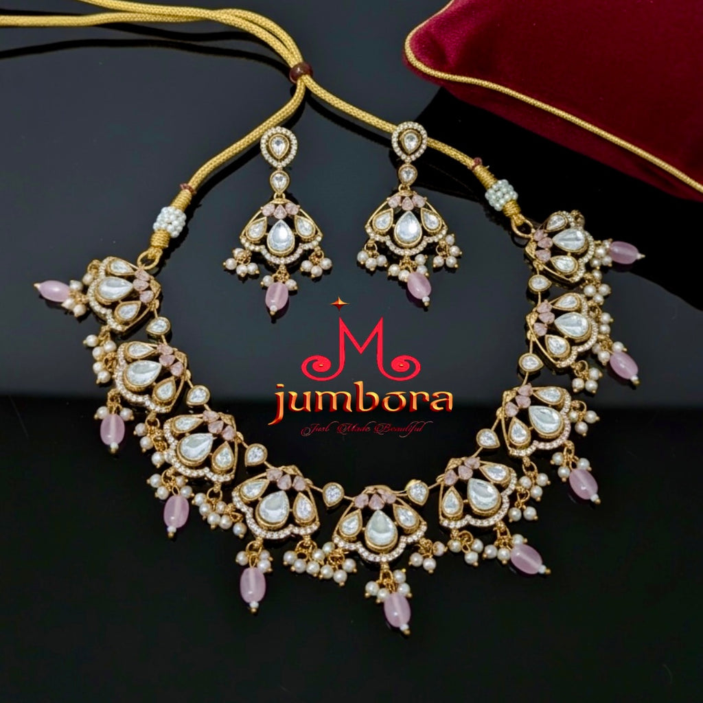 Baby Pink CZ (Zircon) AD & White Moissanite Necklace set