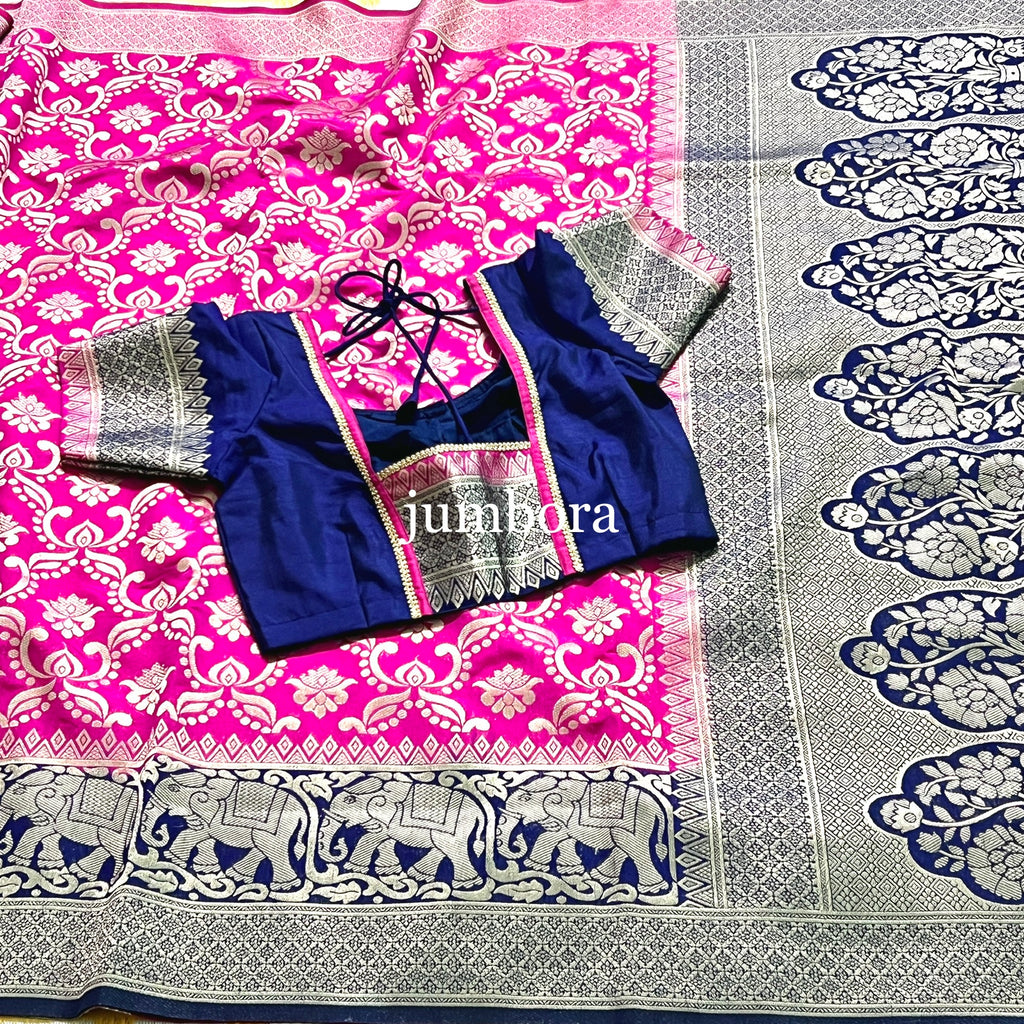 Pink & Blue Brocade Banarasi Jute silk saree with stitched blouse