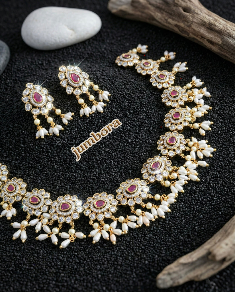 Victorian White and Ruby Red CZ (Zircon) AD Guttapusalu Necklace set