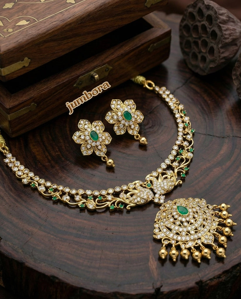 Delicate Antique Gold Emerald Green & White CZ Peacock Necklace Set