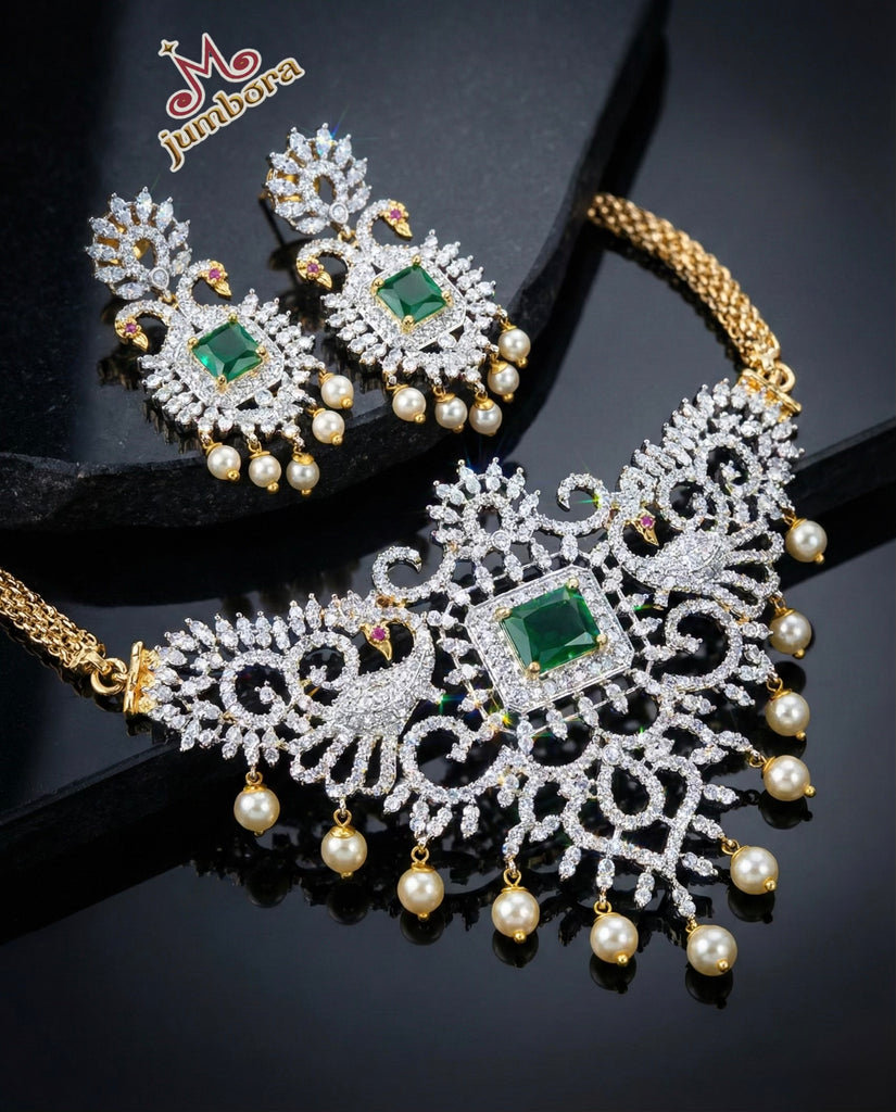Diamond Finish Emerald Green & White CZ Peacock Choker Set