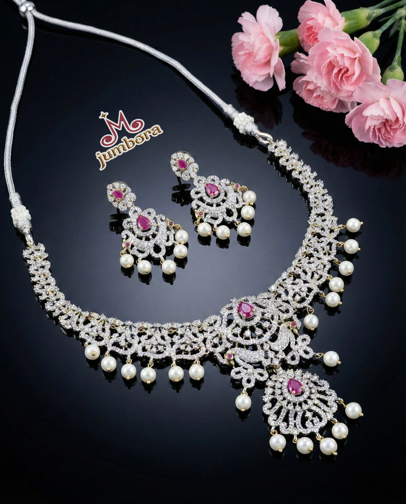 Diamond Look White CZ & Ruby Necklace Set with Pearl Drops