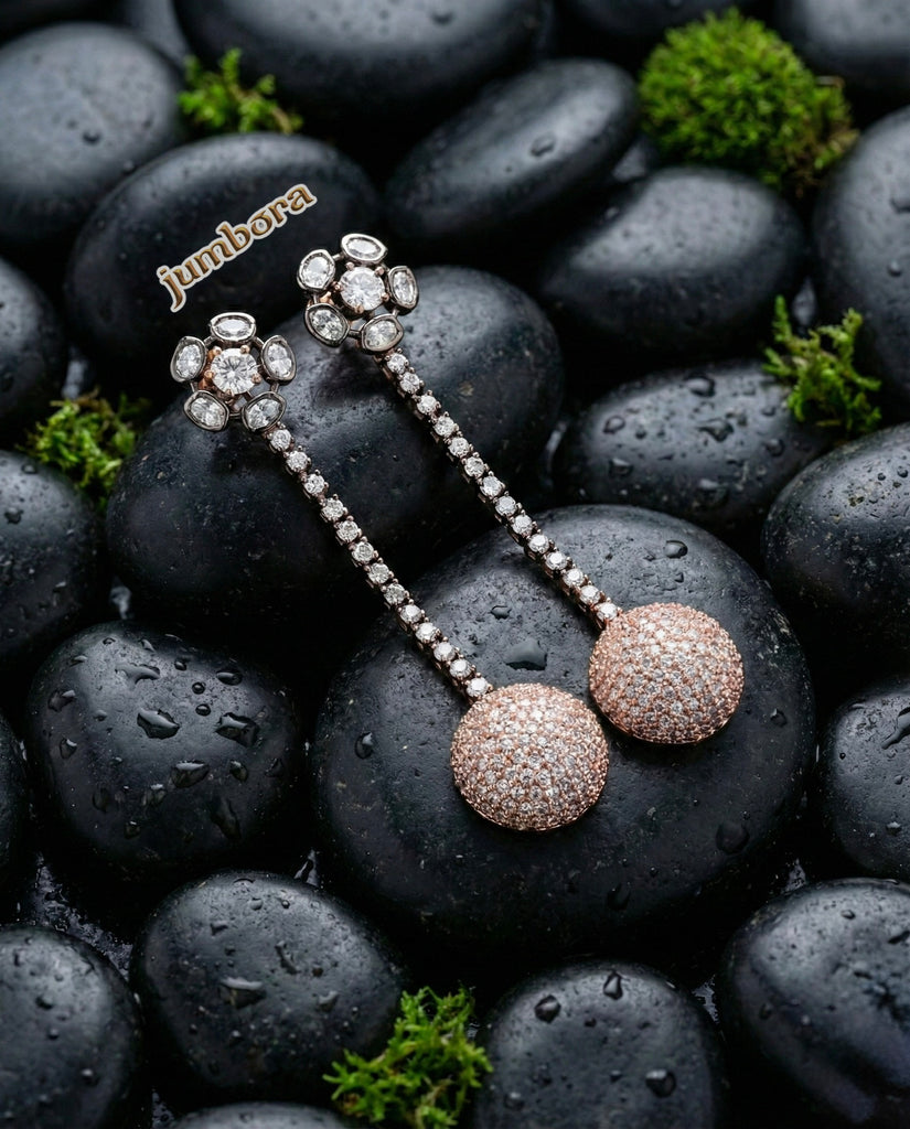 Dual Tone Victorian & Rose Gold Finish Long CZ Ball Earrings