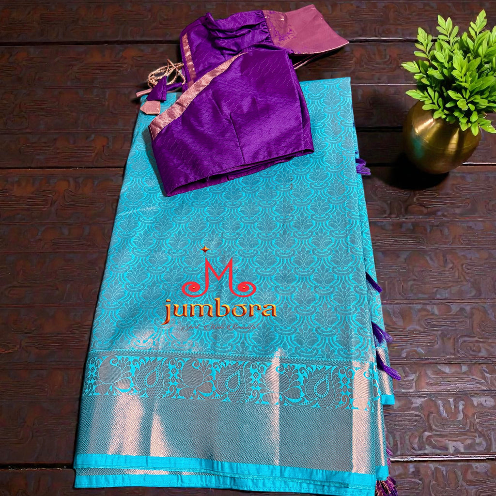 Blue & Purple Kanchipuram Semi Silk Saree with Stitched Blouse