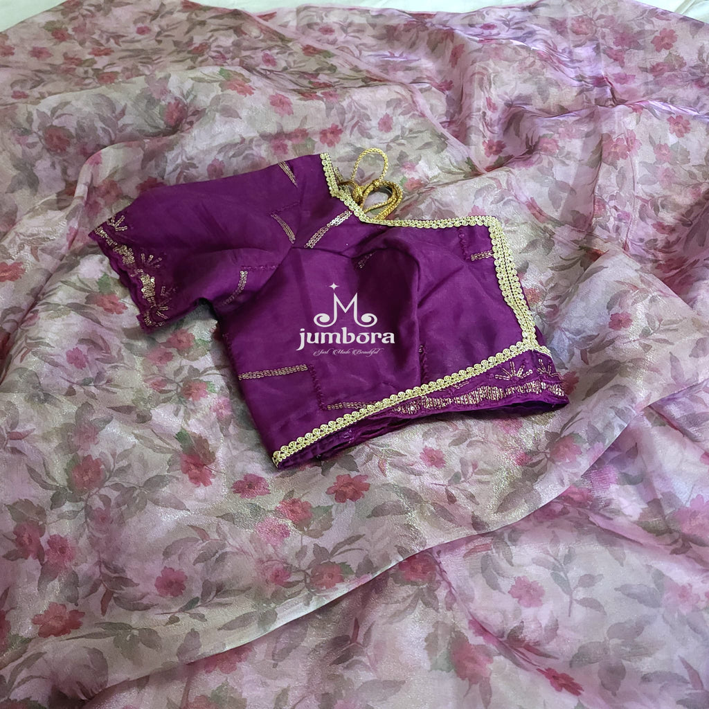 Purple Floral Organza Saree with Designer stitched blouse