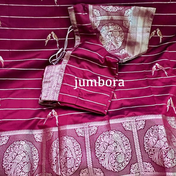 Maroon Banarasi Tanchoi Silk Saree with Stitched Blouse