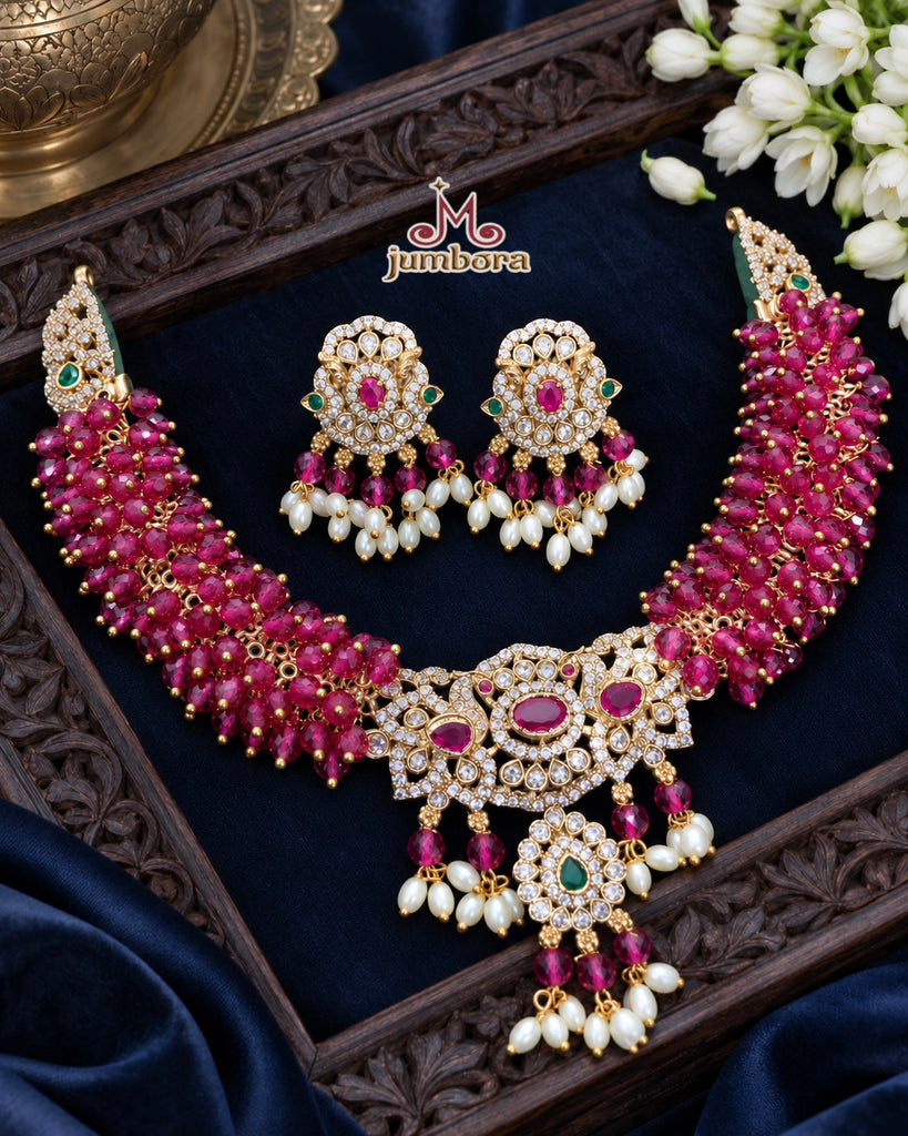 Ruby Pink Hydro Crystal CZ (Zircon) American Diamond (AD) Choker Necklace Set