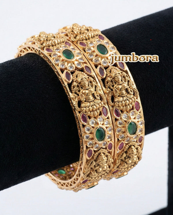 Antique Gold Lakshmi Temple Jewelry Bangle with white, Ruby & Green CZ AD Stone