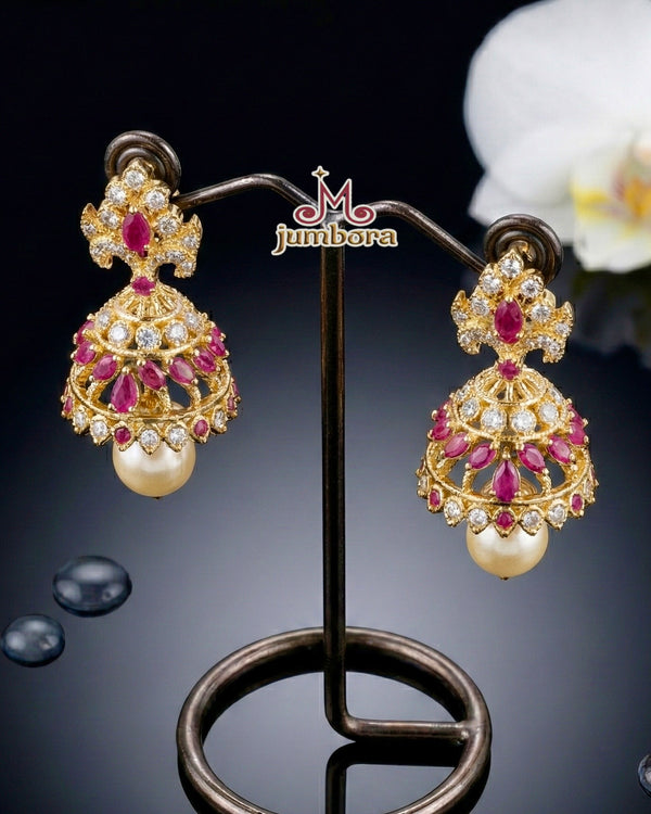 Ruby Red & White CZ Leafy Vine Necklace Set with Jhumkas with Jhumka Earrings
