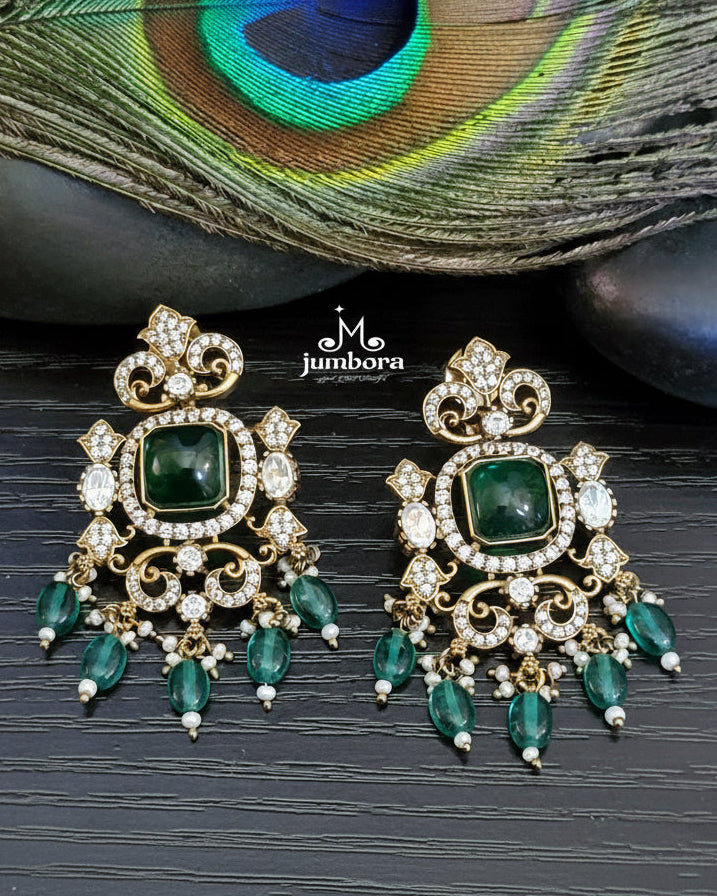 Emerald Green, Moissanite and White CZ (Zircon) American Diamond (AD) Victorian Earrings