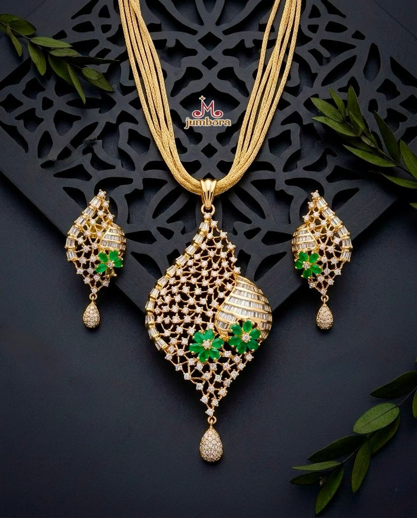 Emerald Green and White CZ (Zircon) American Diamond (AD) Pendant Set with 5-Line Chain