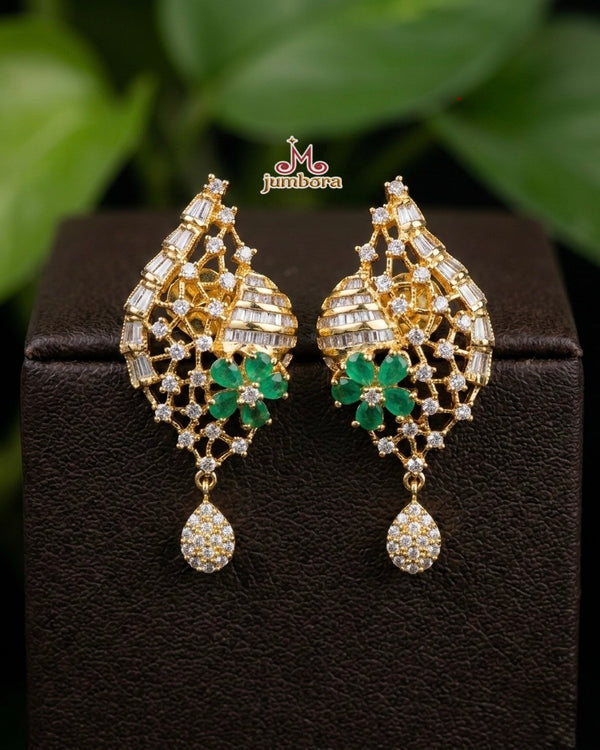 Emerald Green and White CZ (Zircon) American Diamond (AD) Pendant Set with 5-Line Chain With matching Earrings 