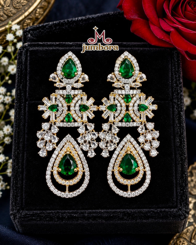 Emerald Green and White Chandelier CZ (Zircon) American Diamond (AD) Statement Earrings