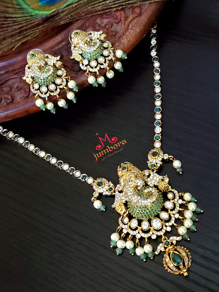 Emerald Green and White Kundan Ganesha CZ (Zircon) American Diamond (AD) Necklace Set
