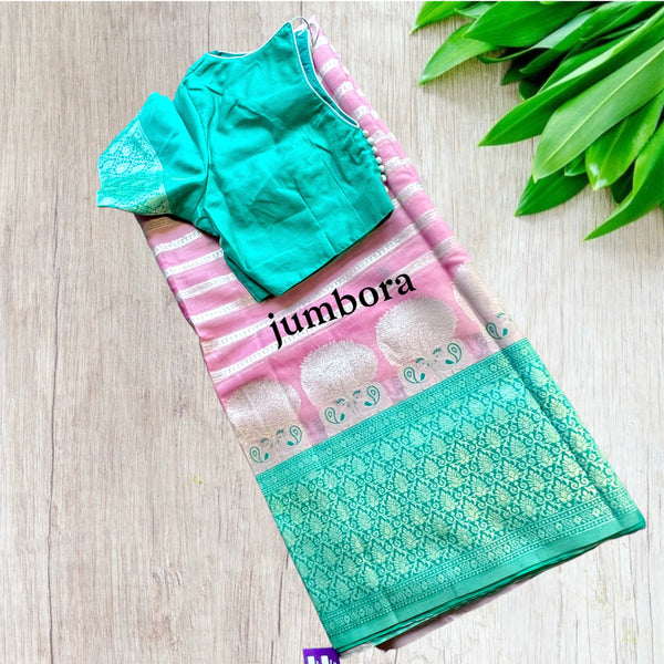Baby Pink & Turquoise Soft Banarasi Chanderi Saree with Stitched blouse