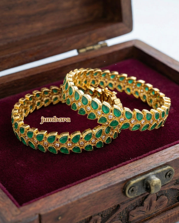 Emerald Green CZ Leaf Motif Openable Gold Bangles