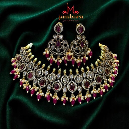 Statement White  & Ruby Red AD Zircon Victorian Necklace