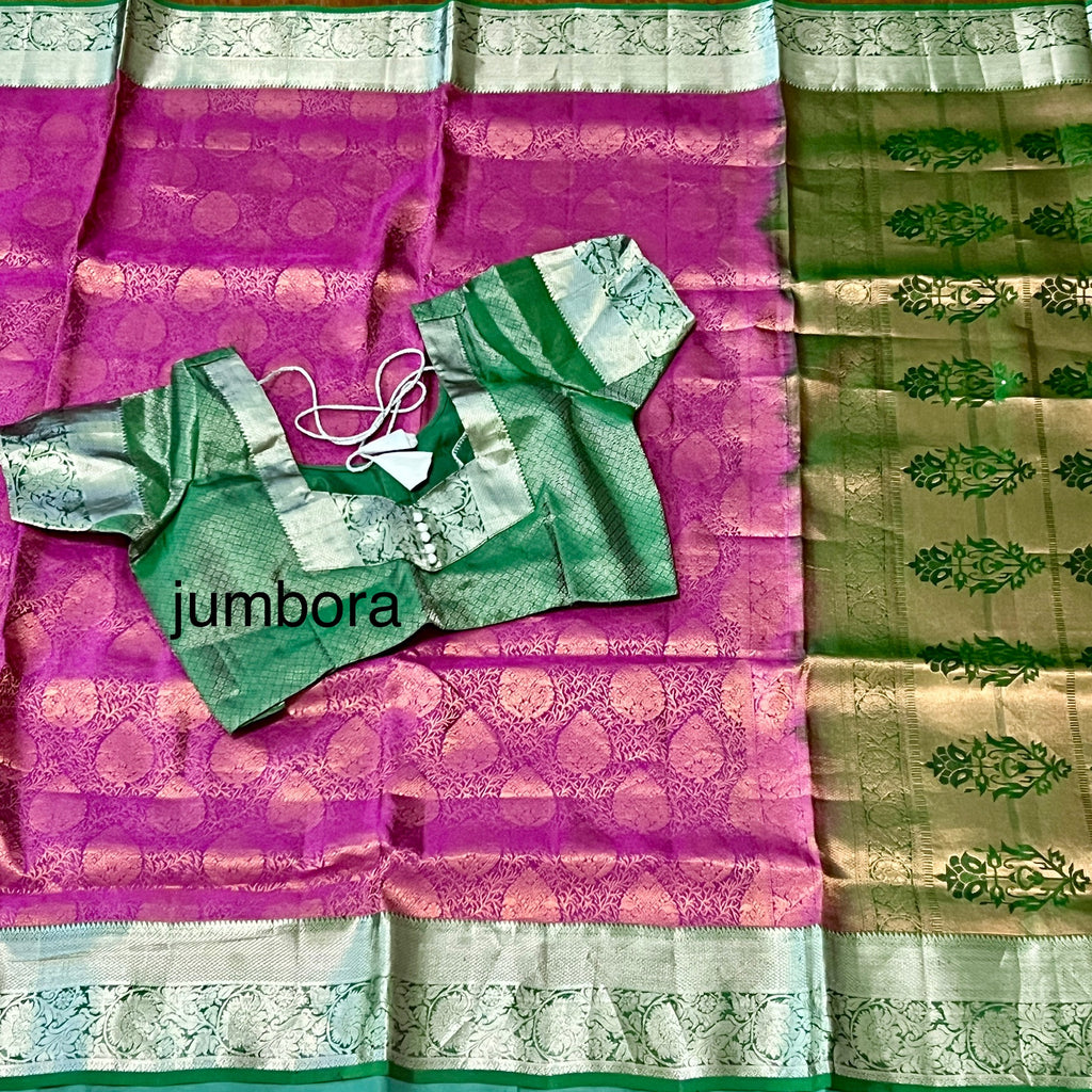 Pink & Green Kanchipuram Pure Silk Handloom silk saree with Stitched Blouse