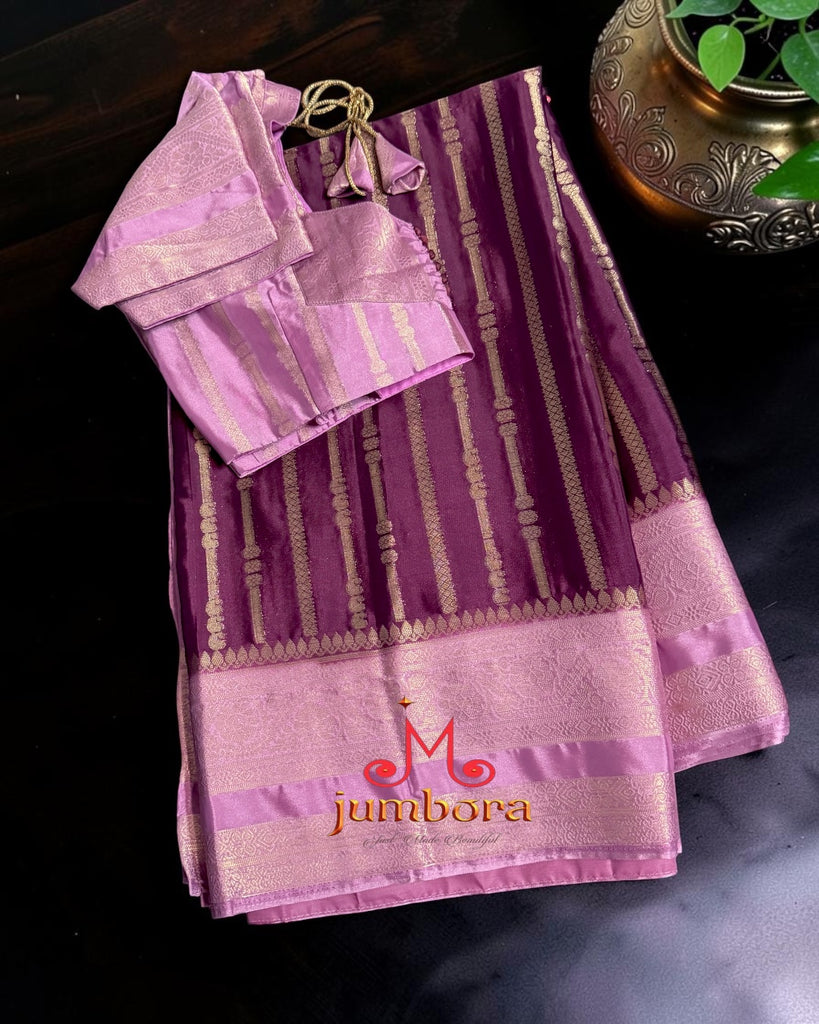 Wine color with Pink Border Banarasi Crepe Silk Saree with Stitched Blouse