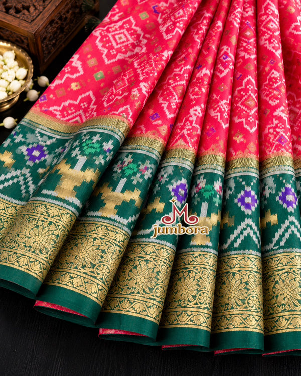 Vibrant Red and Bottle Green Banarasi Patola Semi Silk Saree with Contrast Zari Border