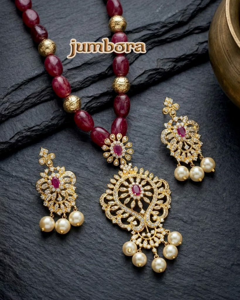 Handmade Ruby Onyx Bead Mala Necklace with CZ Pendant Set