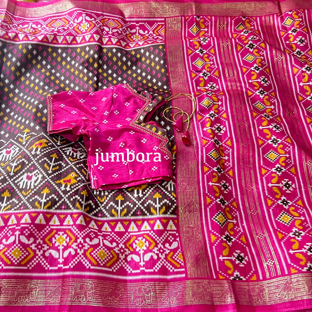 Brown & Pink Ikkat Pochampalli Soft Semi Silk Saree with Stitched Blouse