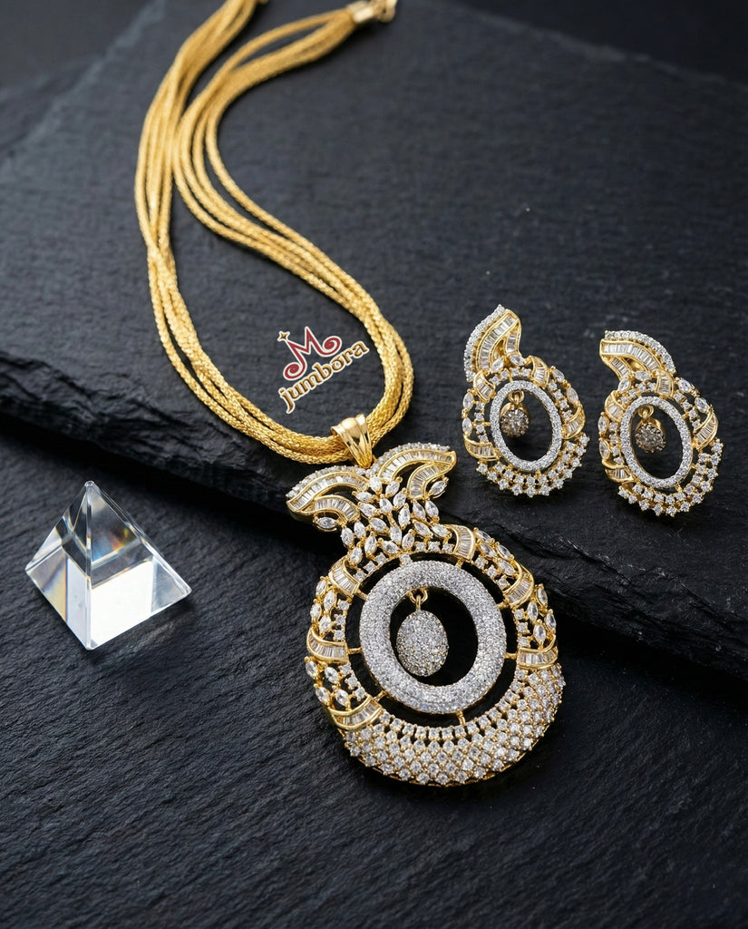 Statement White CZ (AD) Real Diamond Look Pendant Set with 5-Line Gold Chain