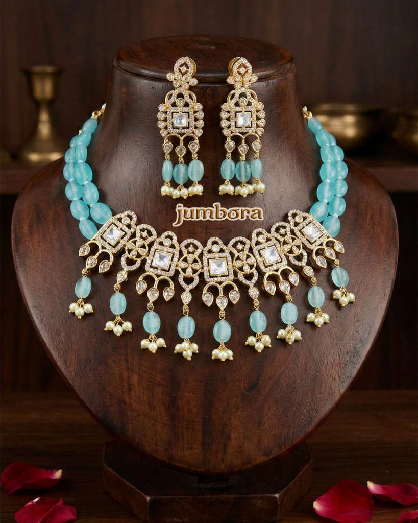 White AD Zircon (CZ) Stone Necklace Set with Mint Green Monalisa Stone Choker Style