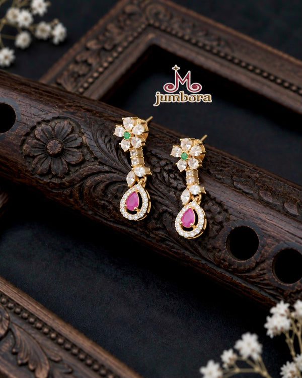 Pink and White Floral Antique Gold CZ (Zircon) American Diamond (AD) Delicate Necklace Set