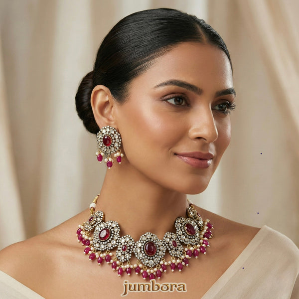 Statement White  & Ruby Red AD Zircon Victorian Necklace