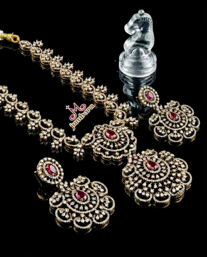 Ruby Red & White CZ (Zircon) Antique Victorian Necklace Set