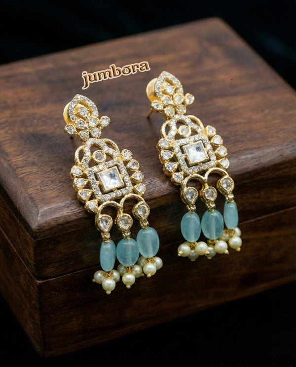 White AD Zircon (CZ) Stone Necklace Set with Mint Green Monalisa Stone Choker Style